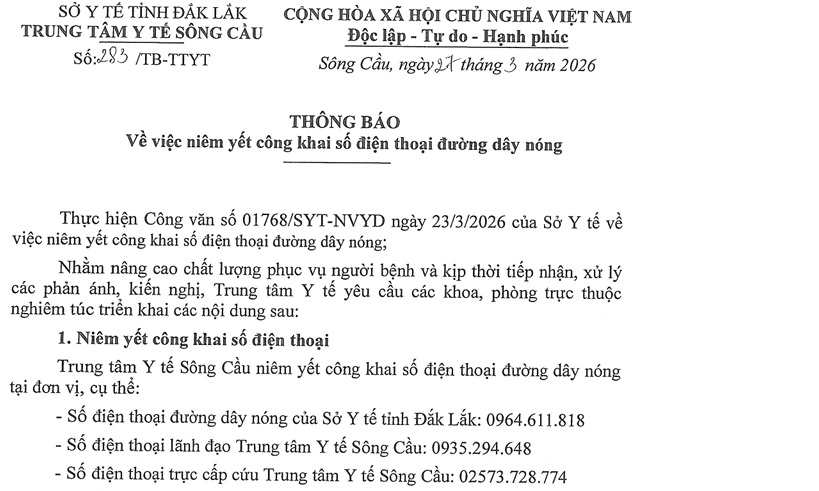Thông báo về việc niêm yết công khai số điện thoại đường dây nóng-